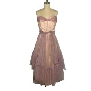Vintage 1950s Strapless Tulle Party Dress Pink Polka Dot Prom Small